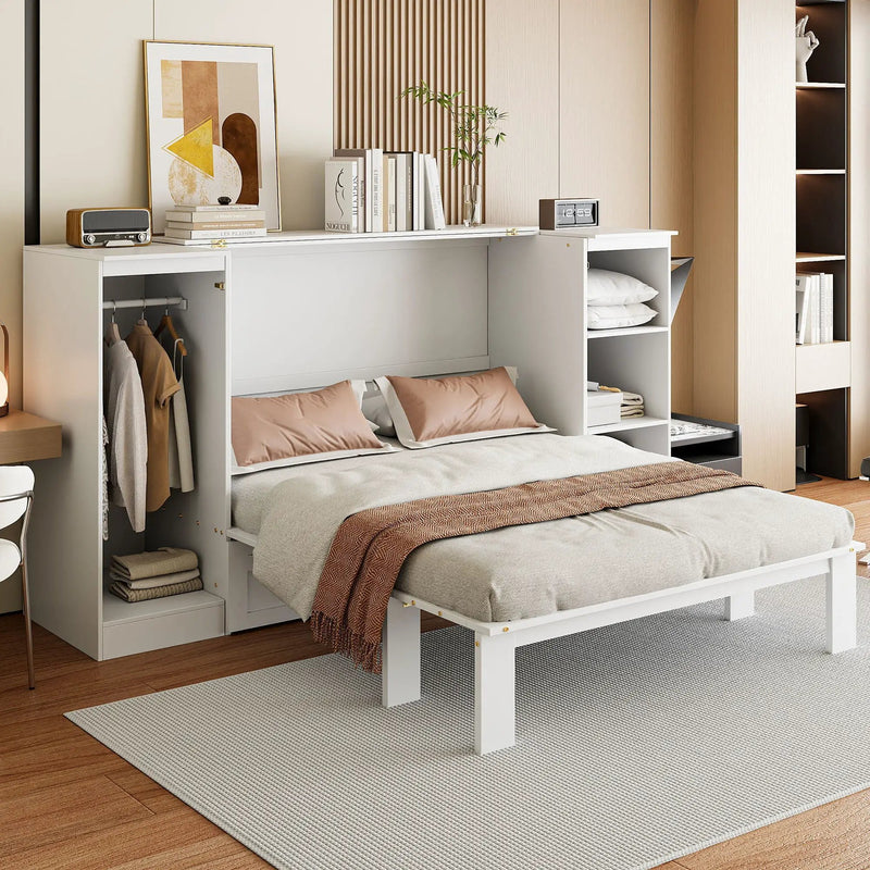 Twin Size Murphy Bed With Bedside Shelves And Wardrobe - White by Unique Piece Furniture