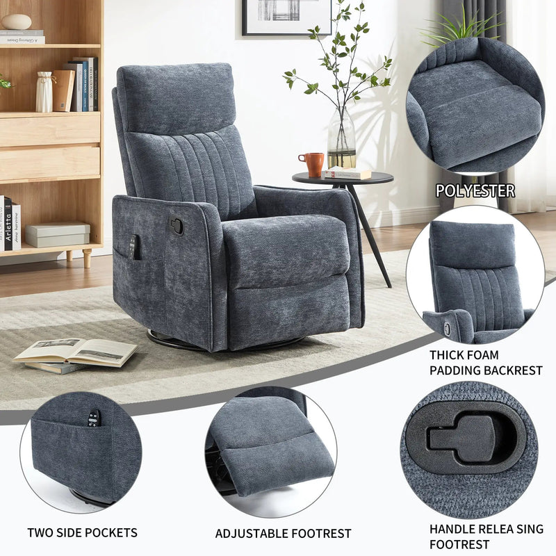 Blue Heat Massage Manual Recliner Chair with Rocker and Swivel by HouseOfZazla