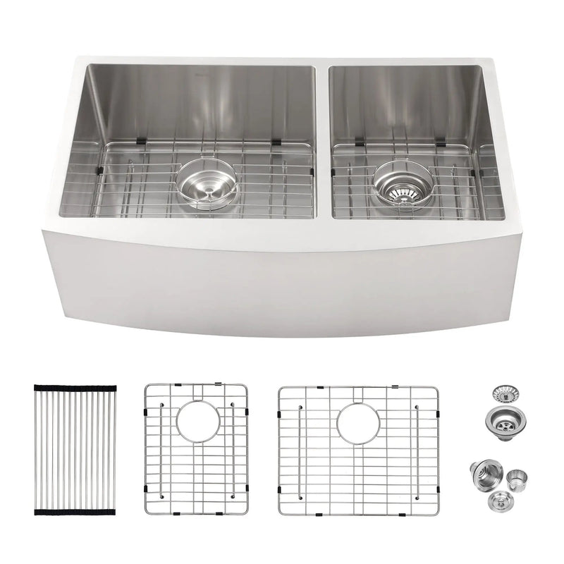 Double Bowl Sink 60 / 40 Split Apron Front Kitchen Sink In 16 Gauge With 2 10" Deep Basins 33" X21" X10" - Brushed Nickel by HouseOfZazla