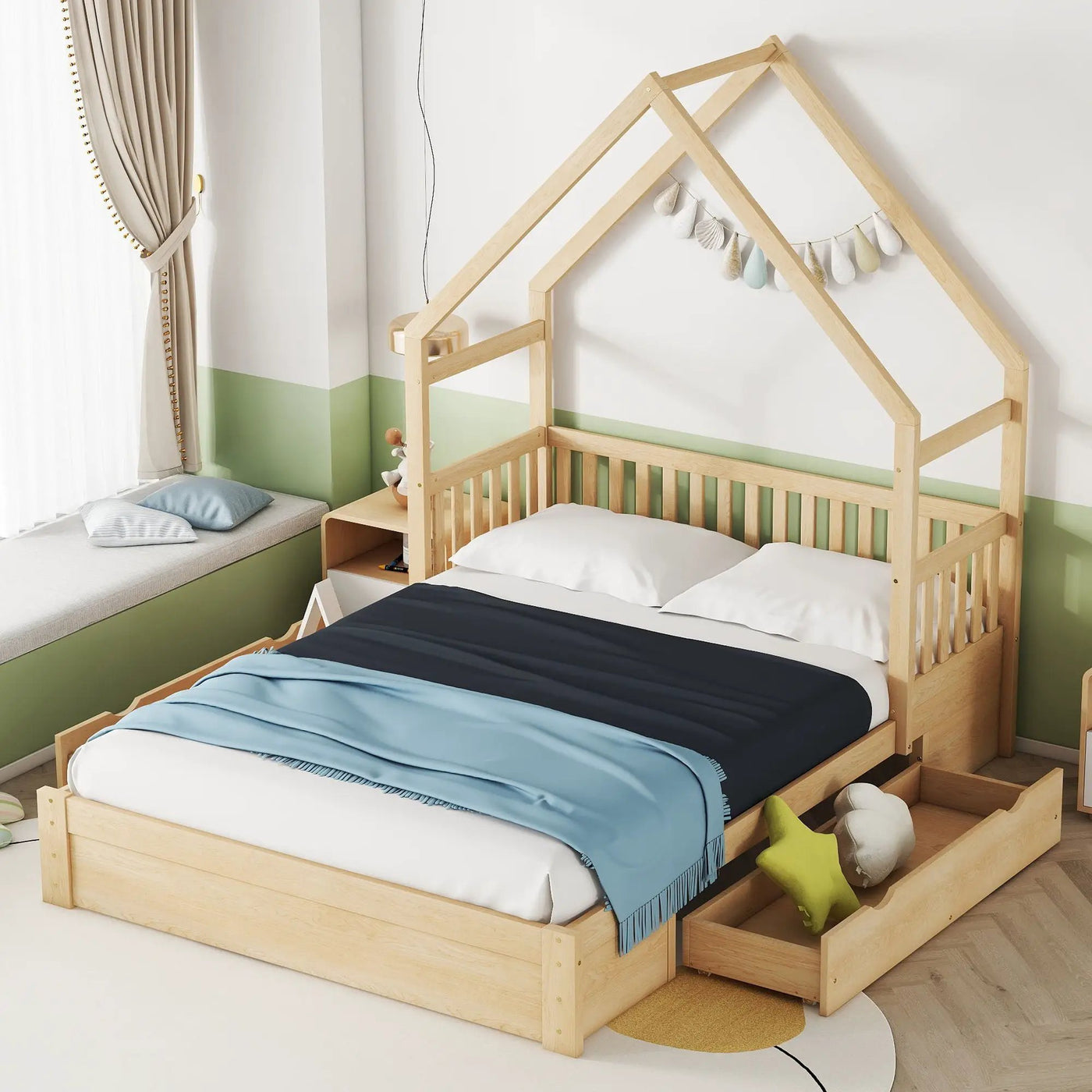House Style Platform Bed With Guardrail And 2 Drawers by HouseOfZazla