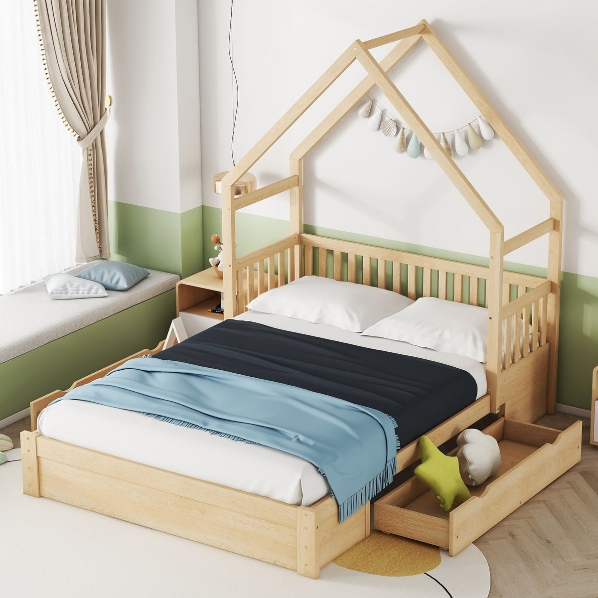 Queen Storage Platform Bed with Guardrail and 2 Drawers - White or Light Brown, photo 4 of 23