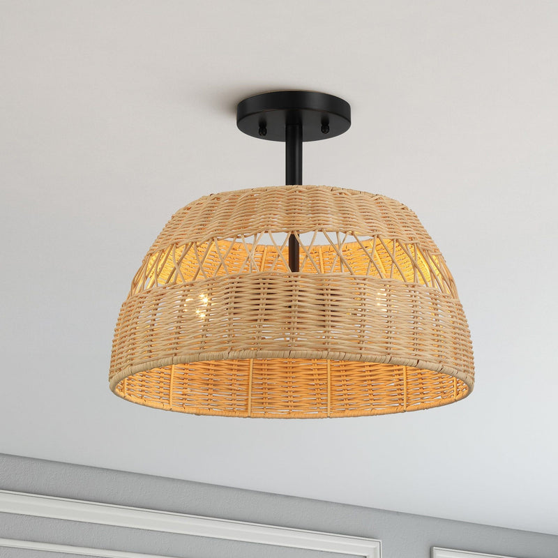 Double Lights Semi Flush Ceiling Lamp with Rattan Shade - Black, photo 2 of 9
