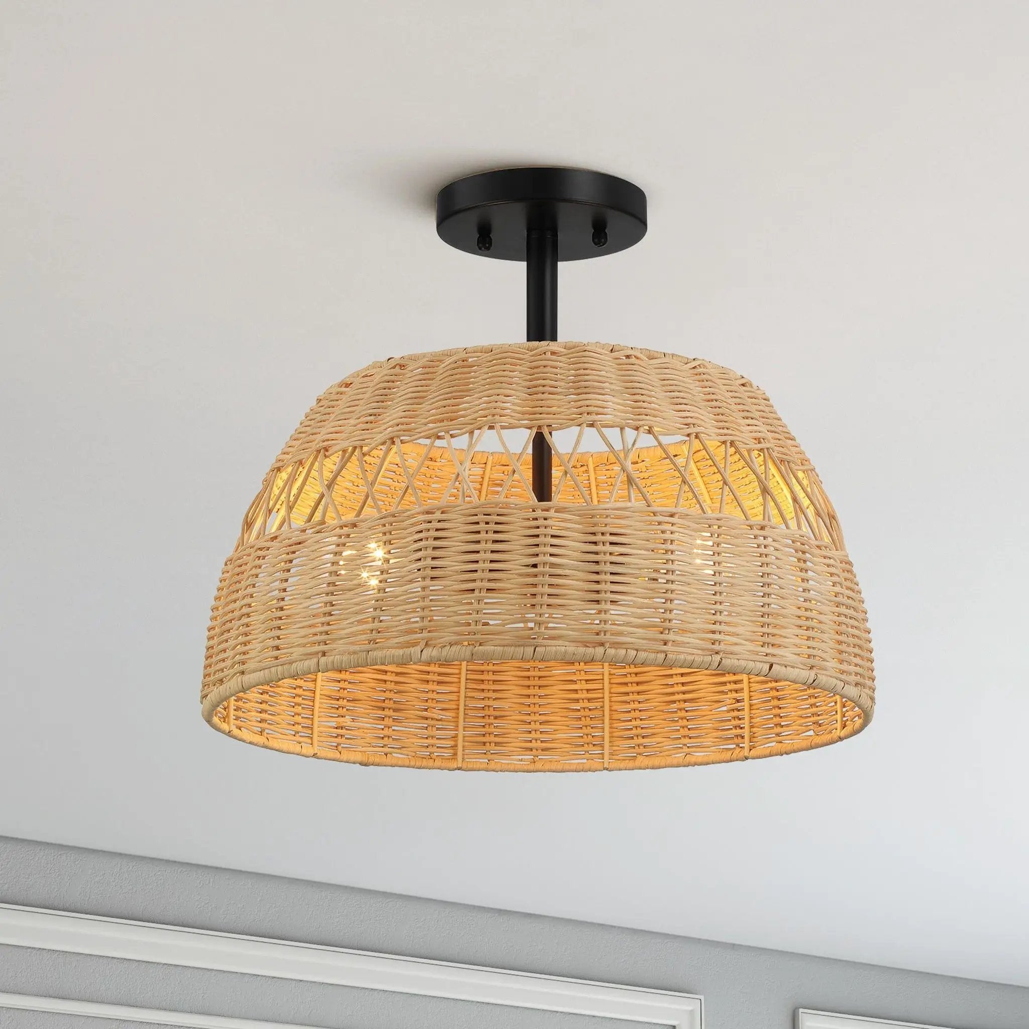 Twinkle - Double Lights Semi Flush With Shade - Black / Rattan by Unique Piece Furniture