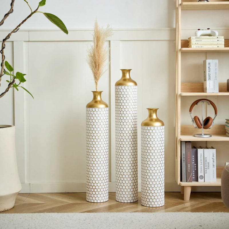 3-Piece Modern Metal Vase Set - White & Gold by HouseOfZazla