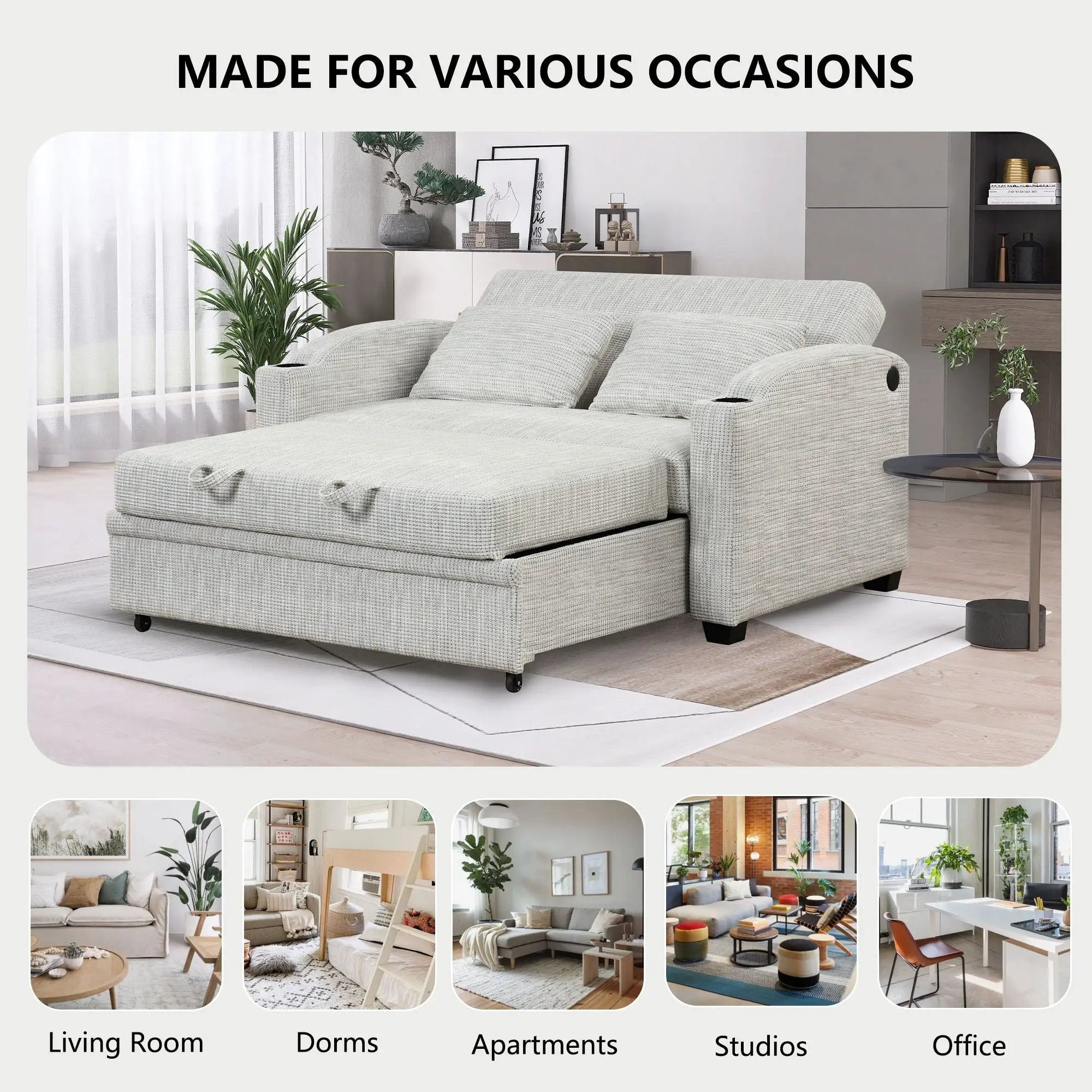 Pull Out Loveseat Sofa With Adjsutable Backrest, 2 Pillows, Cup Holders, USB Ports For Living Room by HouseOfZazla