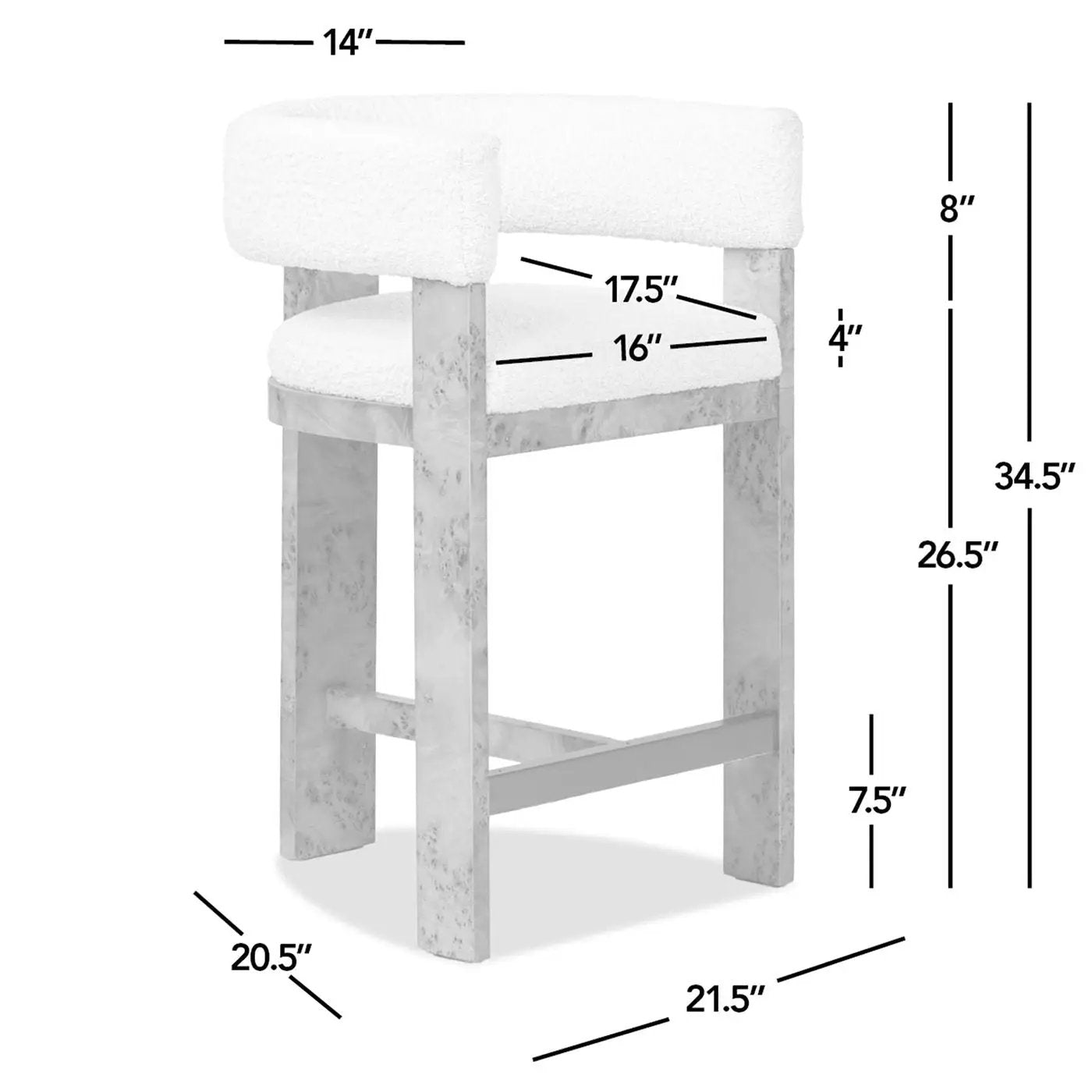 Vavona - Burl Upholstered Barrel Back Counter Height Bar Stool - Polar Off White by HouseOfZazla