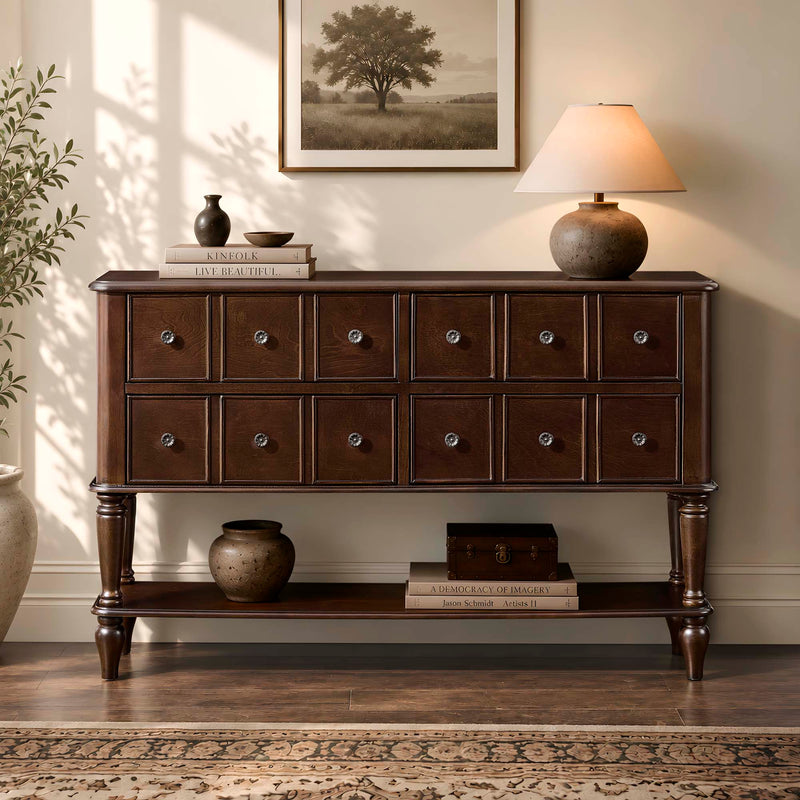 Vintage Console Table with Solid Wood Legs and 4 Storage Drawers - Espresso, photo 2 of 10