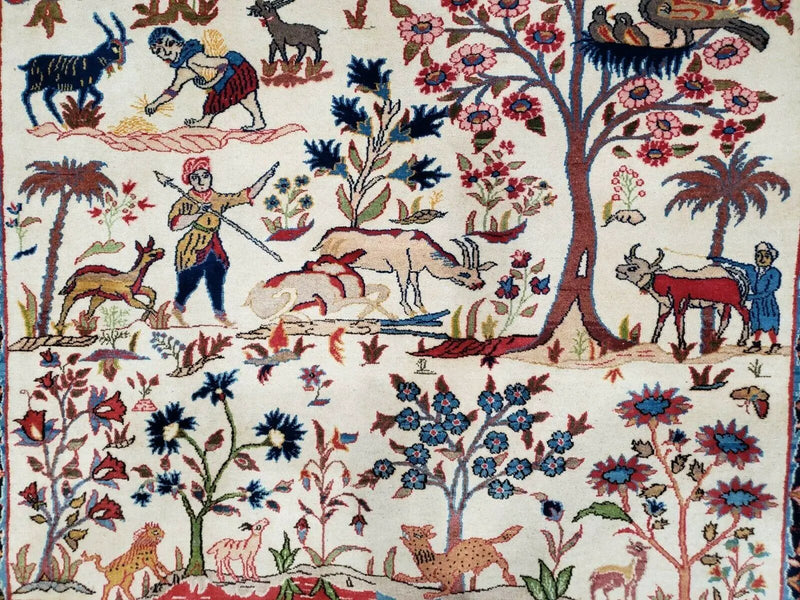 Antique Persian Isfahan Rug 5x7, Animal and Human Pictorials, Hand Knotted Fine Oriental Wool Carpet, Cream and Red, High KPSI, Vintage Rug 5 x 7 ft by Jewel Rugs