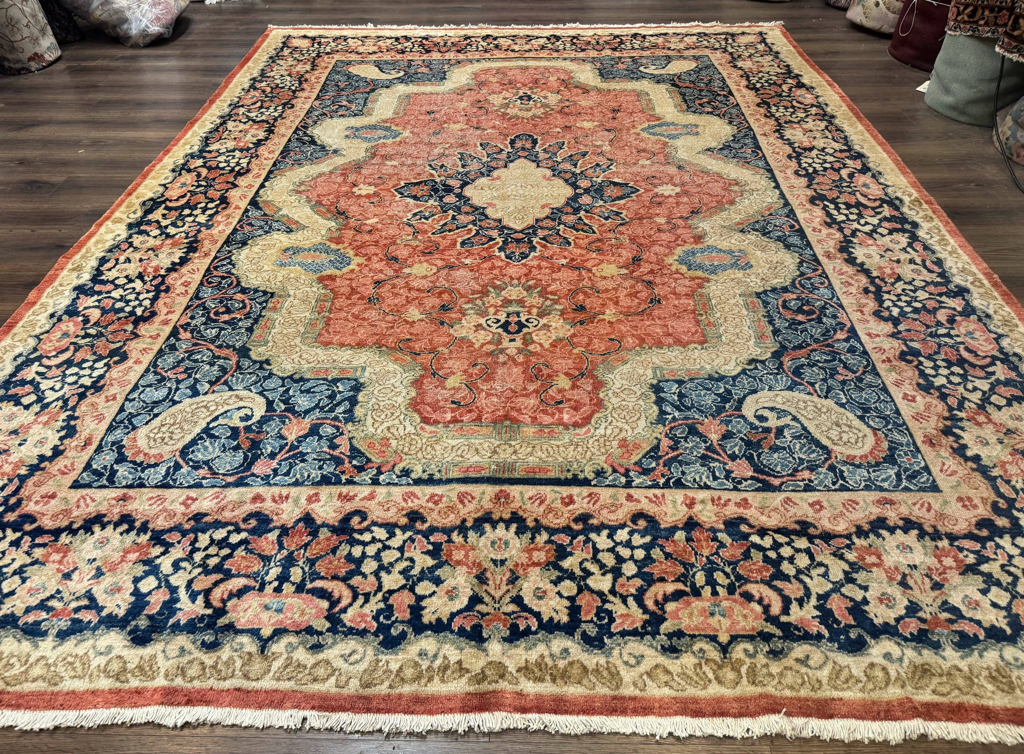 Antique Persian Sarouk Rug 9x12, Boteh Paisleys, Light Red Navy Blue by Jewel Rugs
