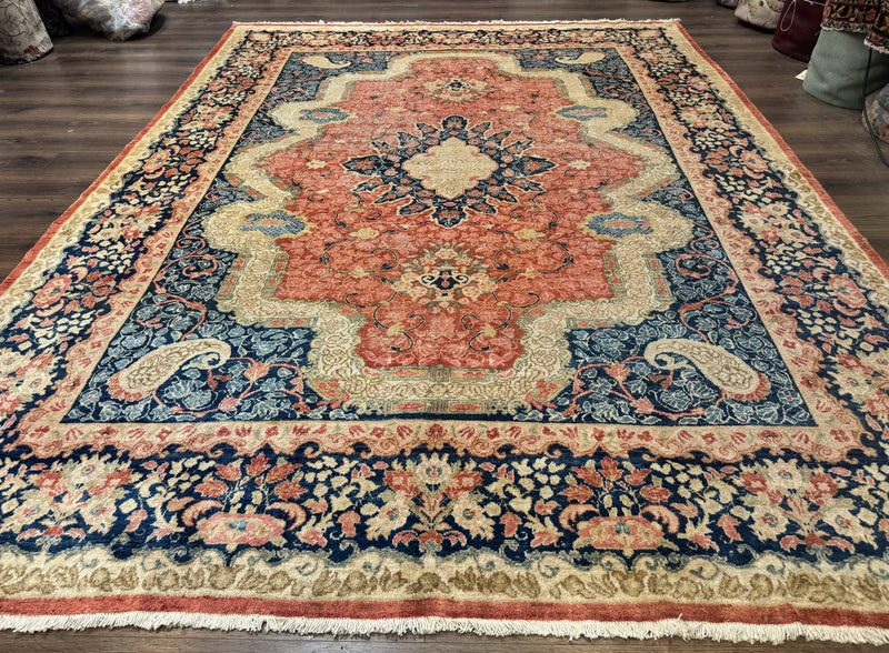 Antique Persian Sarouk Rug 9x12, Boteh Paisleys, Light Red Navy Blue by Jewel Rugs