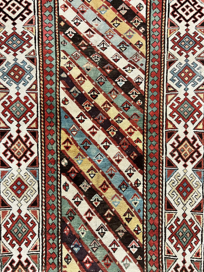 Caucasian Kazak Runner Rug 3.6 x 8, Wool Hand Knotted Antique 1880s Carpet, Ivory & Multicolor Stripes Oriental Runner Rug, Hallway Rug by Jewel Rugs