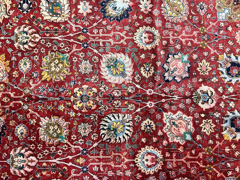 Persian Tabriz Rug 10x12, Floral Allover, Handmade Vintage Wool Carpet, Red and Cream by Jewel Rugs