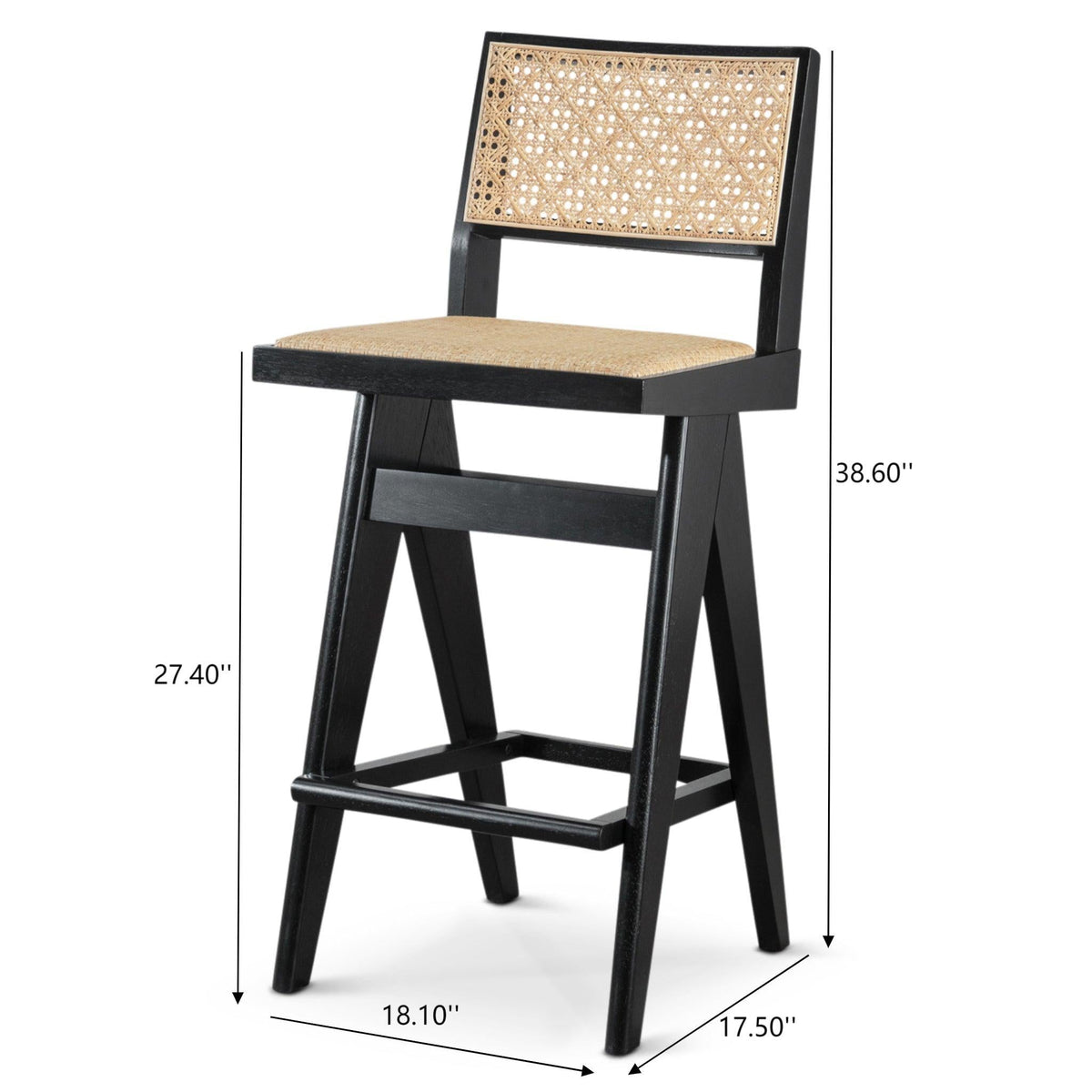 Black & Rattan Bar Stool Set with Full Back Support - Set of 2, photo 2 of 9