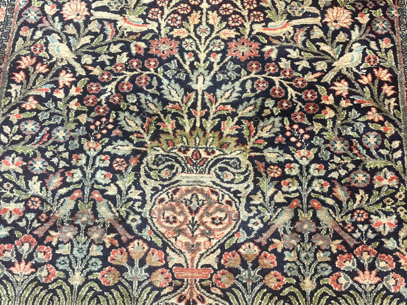 Silk Indian Kashmiri Rug 4x6, Tree of Life Pattern, Birds, Fine 290 KPSI, Navy Blue and Red, Handmade Oriental Carpet by Jewel Rugs