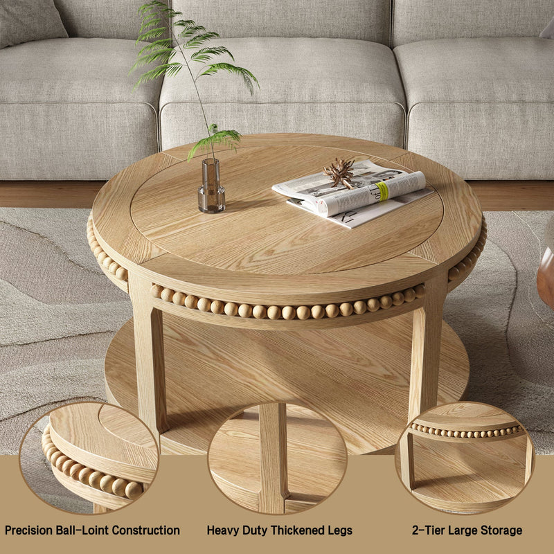 31.5 Inch Round Solid Wood Coffee Table & Sofa Table - Two-Tier Thickened Top, Sturdy Legs, Circle Table for Living Room (Natural Wood), photo 3 of 10