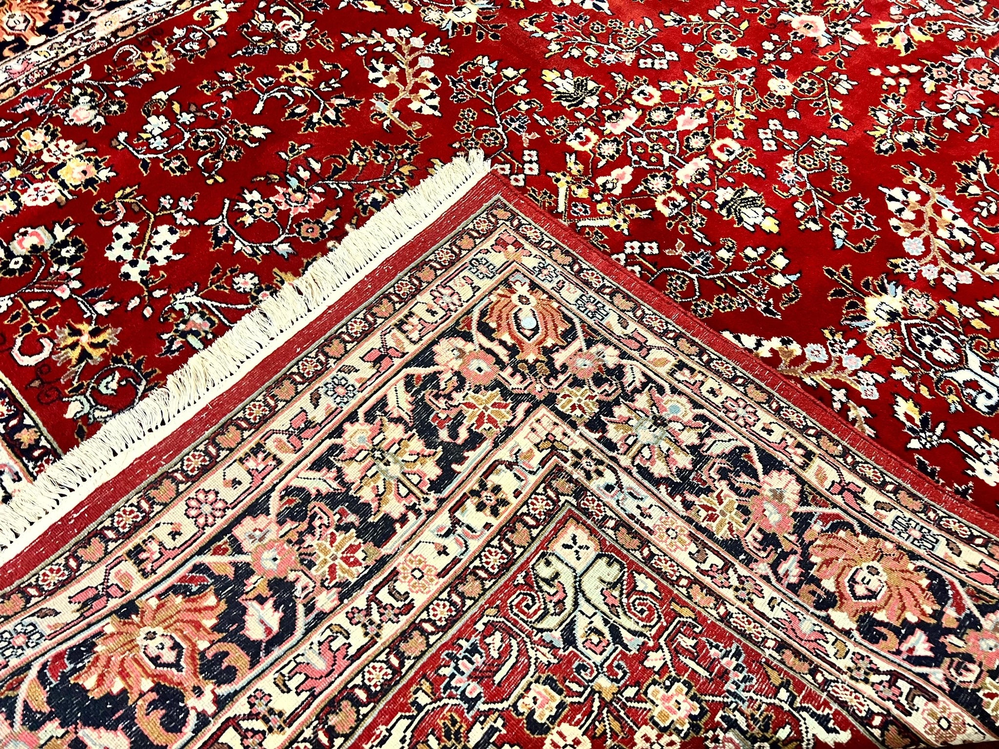 Indo Persian Sarouk Rug 8x10, Red, Floral Allover, Handmade Vintage Wool Carpet, Traditional Rug by Jewel Rugs
