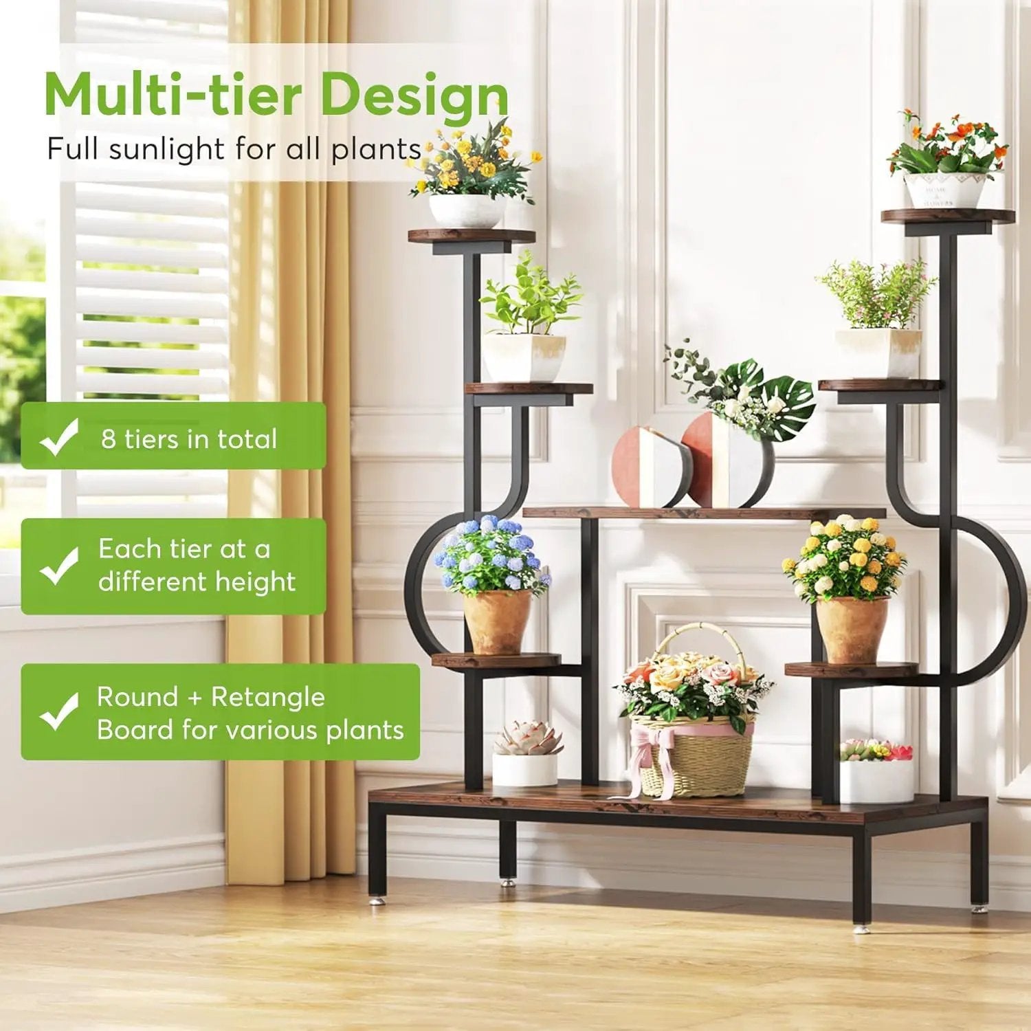 8 Tier Plant Stand With Round And Square Shelves For Living Room, Patio, Balcony & Garden - Brown / Black by HouseOfZazla