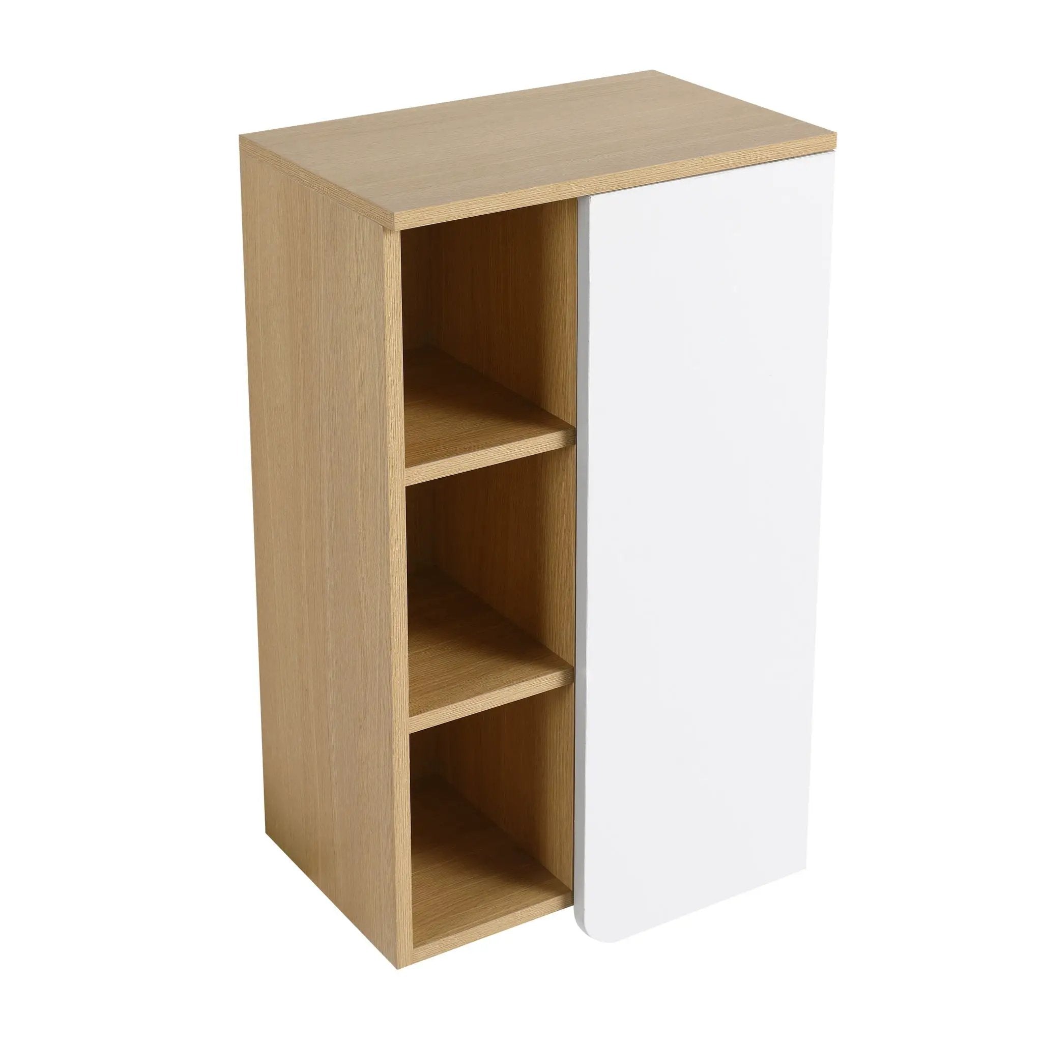 Wall Mounted Bathroom Side Cabinet, Single Door With 3 Tier Open Shelves - Black / Light Oak / White by HouseOfZazla