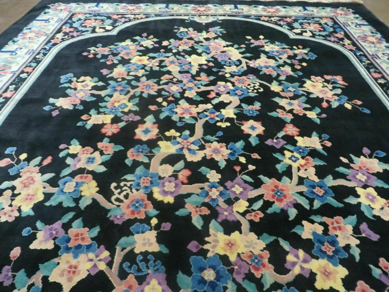 Black Chinese Wool Rug 8x10, Art Deco Floral Carpet, Soft Plush Pile by Jewel Rugs