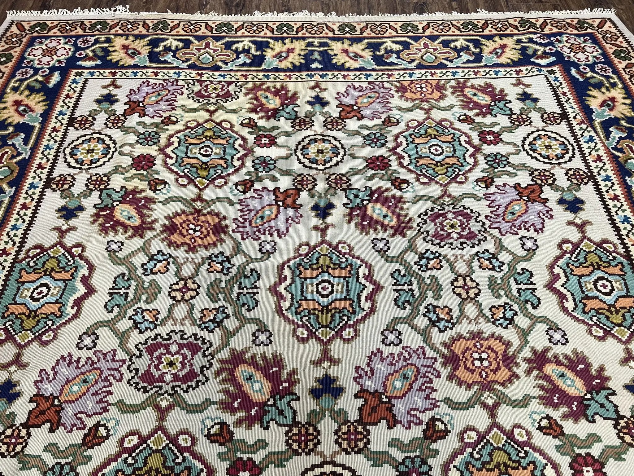 Antique Turkish Kilim Rug 7x10 Allover Pattern, Ivory Cream Maroon Light Blue, Wool Flatweave Hand Woven, Large Kilim, Vintage Kilim Carpet by Jewel Rugs