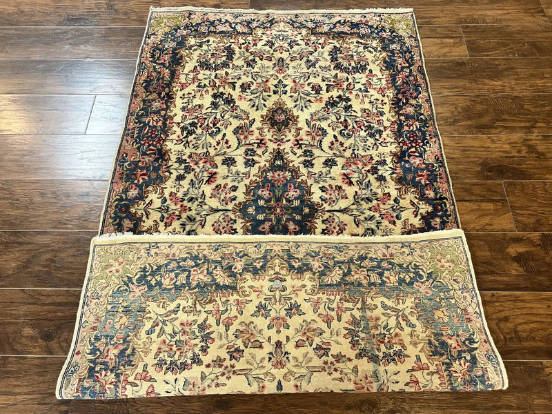 Antique Persian Kirman Rug 4x7, Cream and Navy Blue, Hand Knotted Wool Floral Carpet by Jewel Rugs