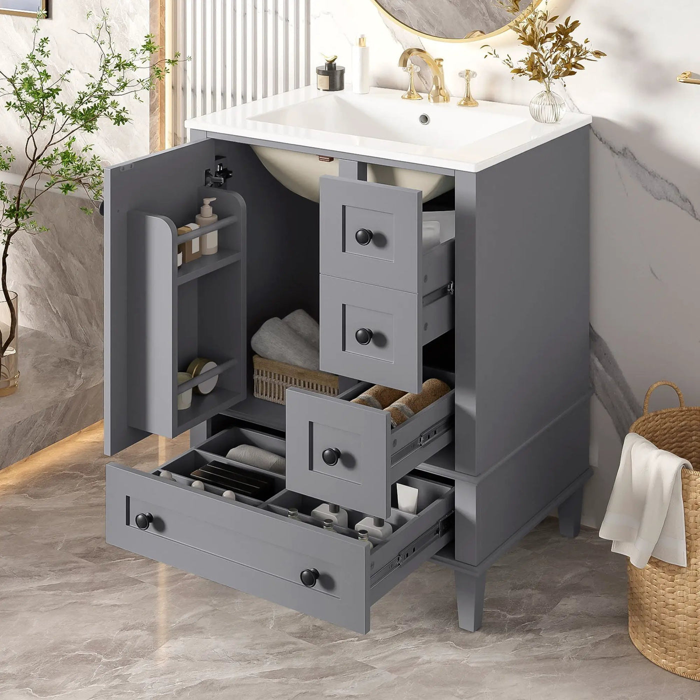 Bathroom Vanity With Integrated Basin, Soft Close Drawers, Door Mounted Double Layer Shelf by HouseOfZazla