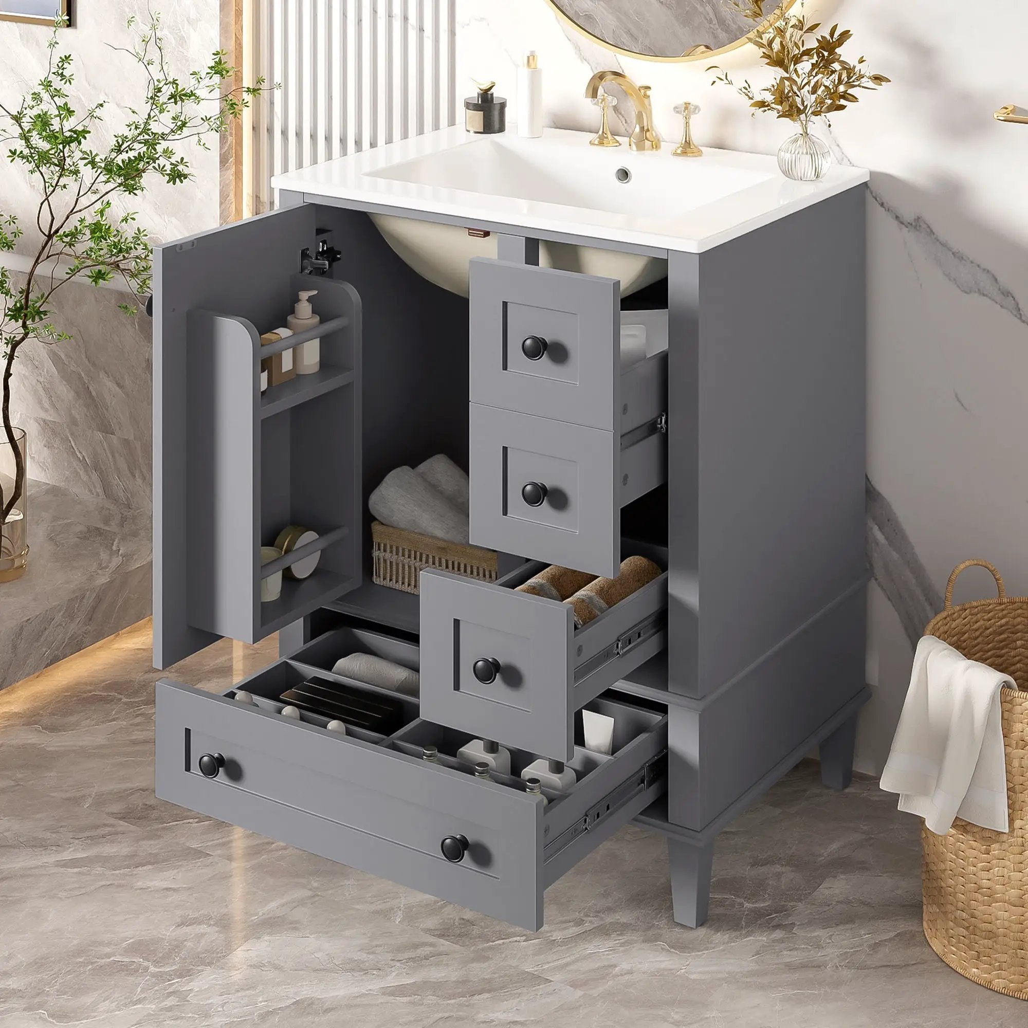 Bathroom Vanity With Integrated Basin, Soft Close Drawers, Door Mounted Double Layer Shelf by Unique Piece Furniture