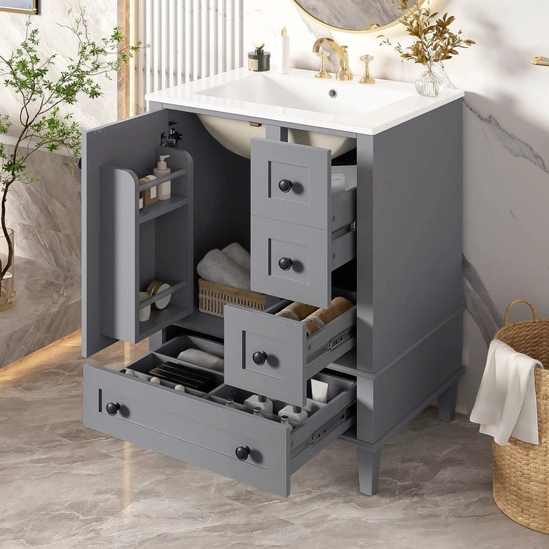 Bathroom Vanity With Integrated Basin, Soft Close Drawers, Door Mounted Double Layer Shelf by Unique Piece Furniture