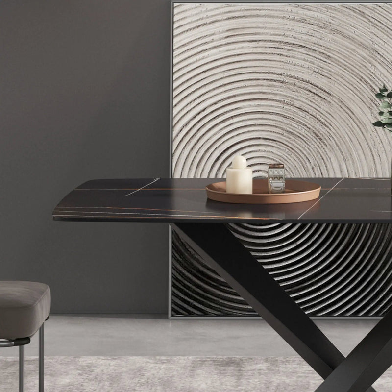 70.87" Modern Artificial Stone Black Curved Black Metal Leg Dining Table, Can Accommodate 6-8 People - Black by HouseOfZazla