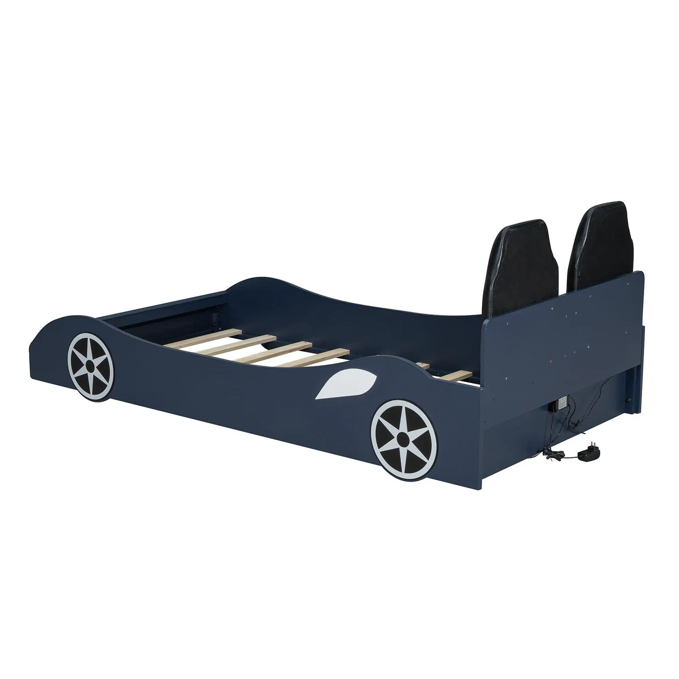 Race Car Shaped Platform Bed With LED And Upholstered Backrest In by HouseOfZazla
