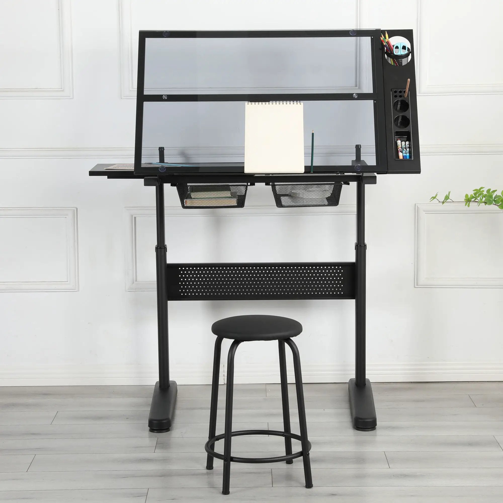 Hand Crank Adjustable Drafting Table Drawing Desk With 2 Metal Drawers With Stool by HouseOfZazla