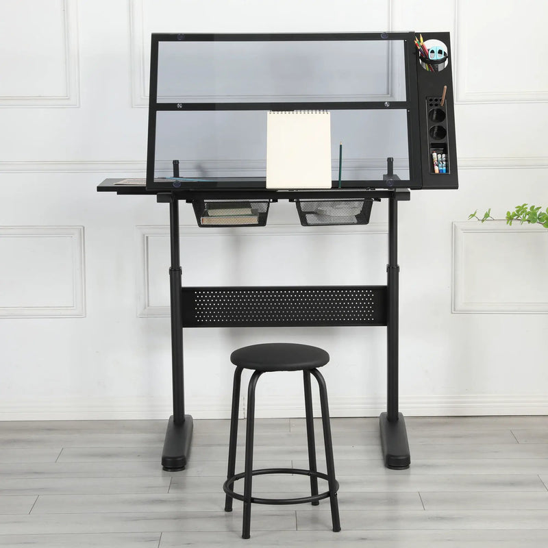 Hand Crank Adjustable Drafting Table Drawing Desk With 2 Metal Drawers With Stool by Unique Piece Furniture