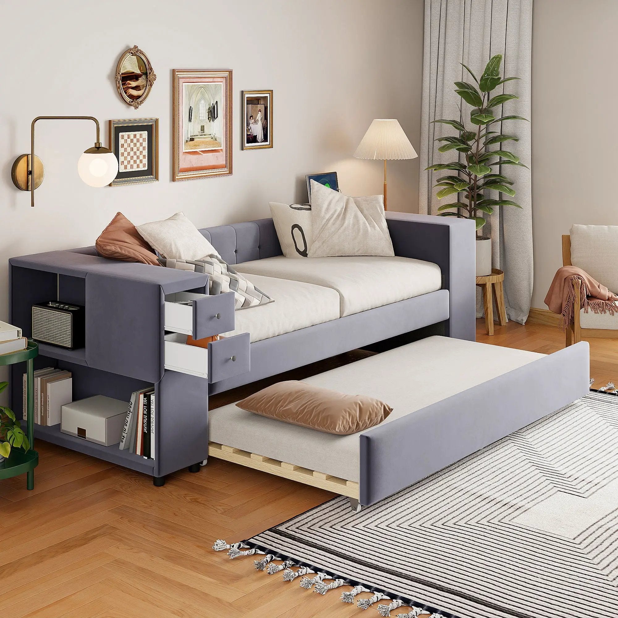 Upholstered Bed With Storage And Twin Trundle, USB Charging Ports by Unique Piece Furniture