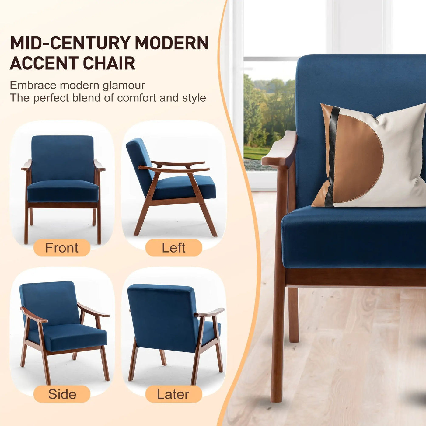 Mid Century Modern Accent Chair With Solid Wood Frame And Extra Thick Backrest by HouseOfZazla