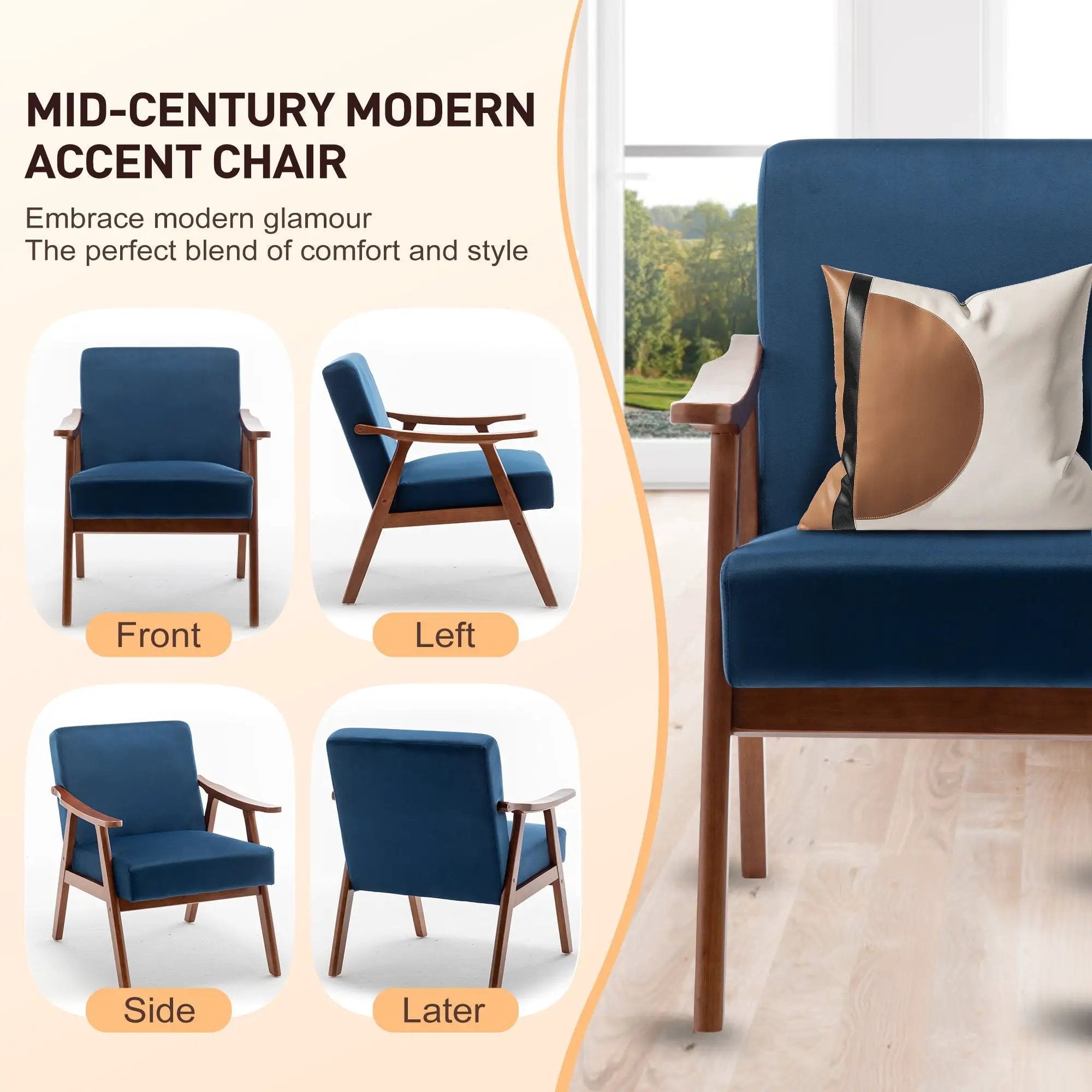 Mid Century Modern Accent Chair With Solid Wood Frame And Extra Thick Backrest by Unique Piece Furniture