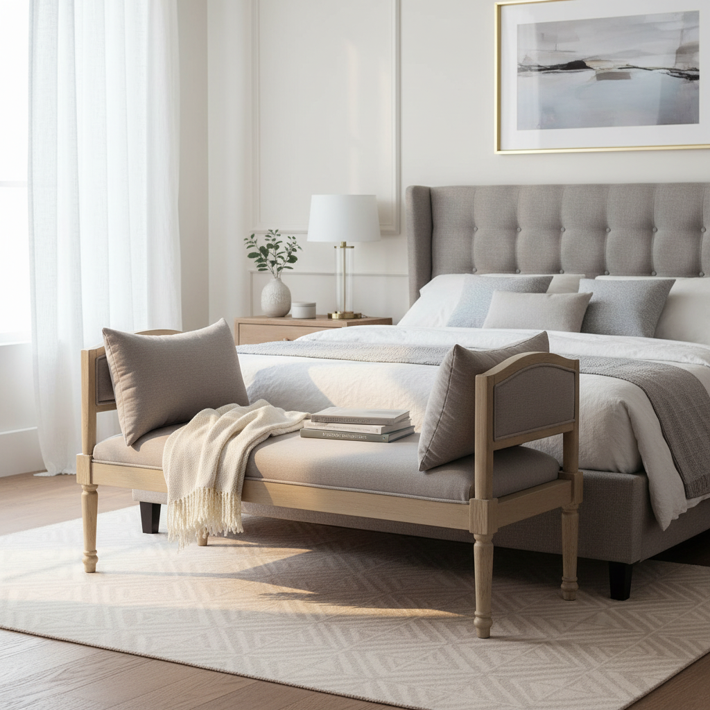 Upholstered Bench with Turned Legs & Side Cushions - Beige or Greige, photo 2 of 10