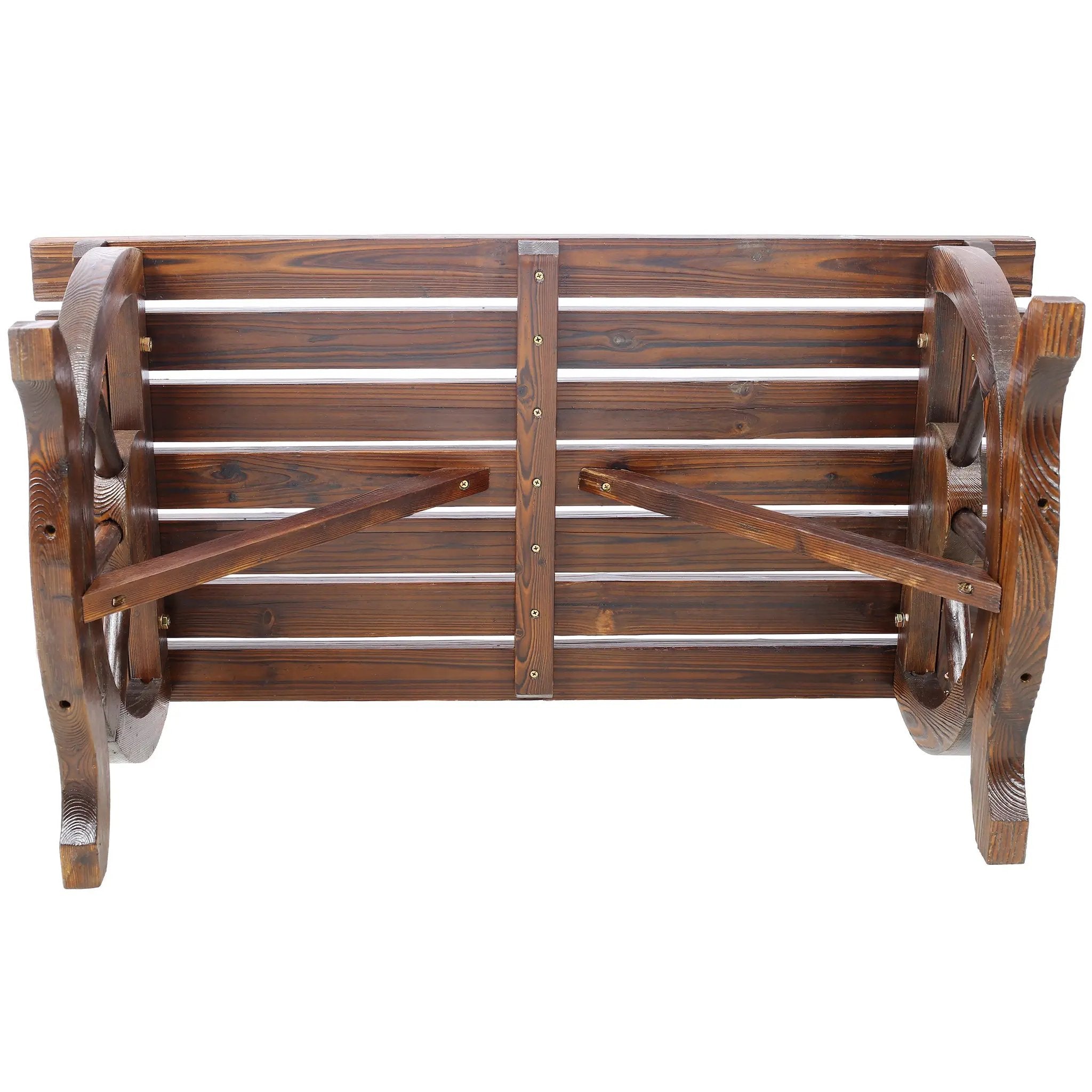Outdoor Rustic Wooden Bench with Wagon Wheel Legs by HouseOfZazla