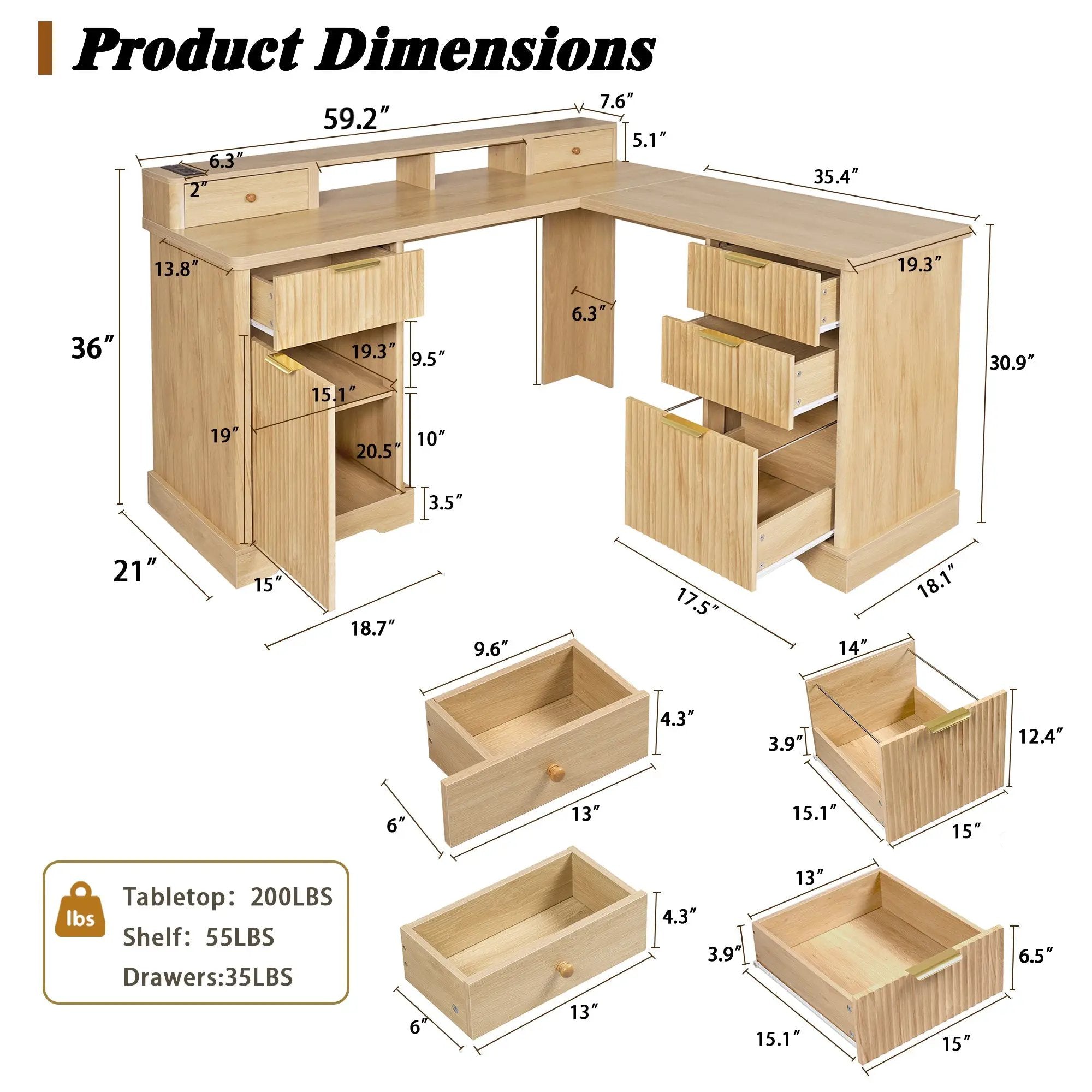 59" Modern Fluted L-Shaped Desk with Charging Station & Storage by HouseOfZazla