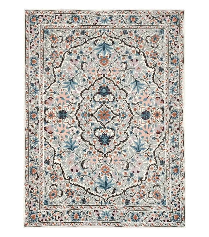 Chain Stitched Rug 9x12 Vintage Carpet 9 x 12 Flatweave Rug, Ivory Teal Rug, Area Rug 9 by 12, Hand Stitched Rug, Medallion, Indian Rug by Jewel Rugs