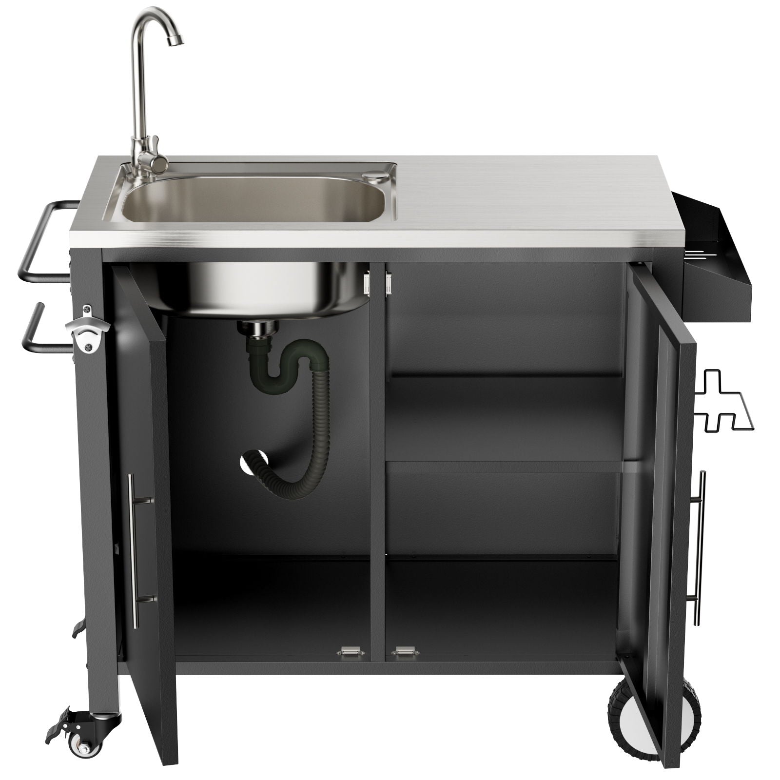 Outdoor Grill Table With Sink, Grill Cart With Sink And Cabinet With Wheels - Black / Silver by HouseOfZazla