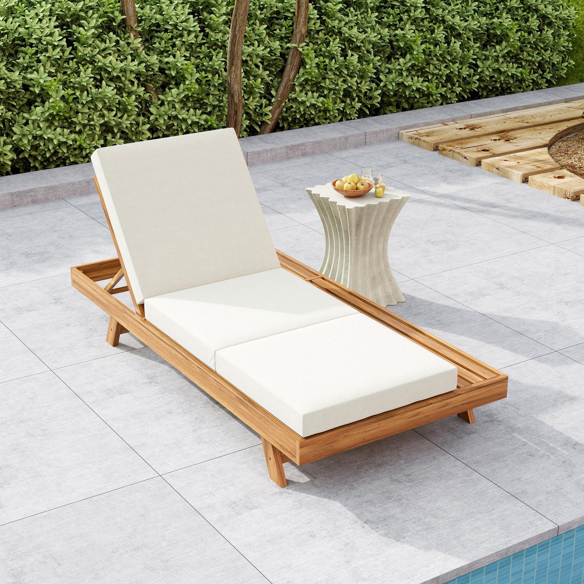 Lounge Chaise Set with Acacia Solid Wood and Cream Cushion by HouseOfZazla