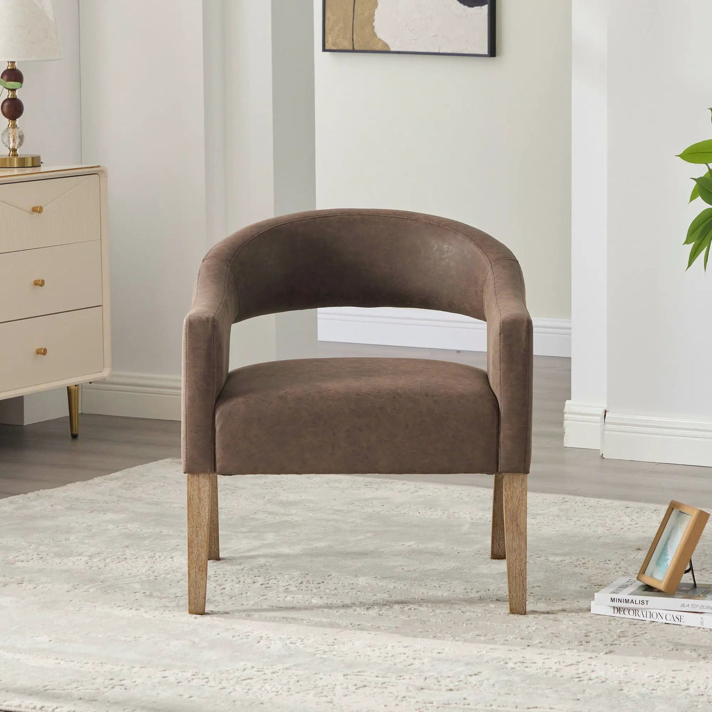 Upholstered Open Back Armchair With Weathered Rubberwood Legs by Unique Piece Furniture