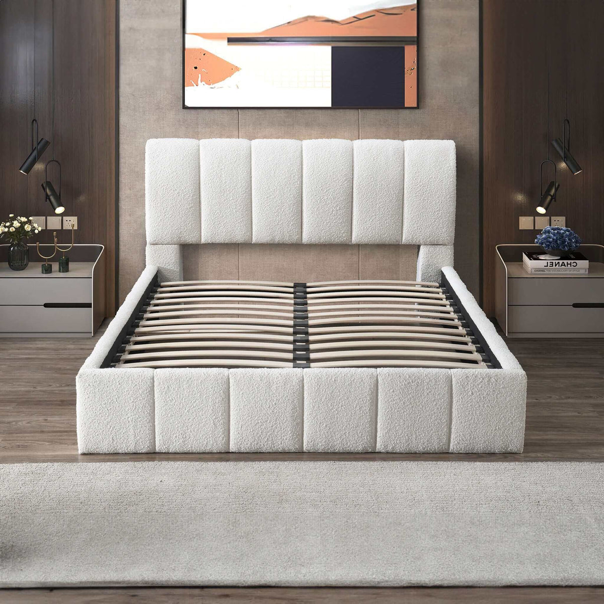 White Upholstered Platform Bed with Hydraulic Storage, photo 2 of 5