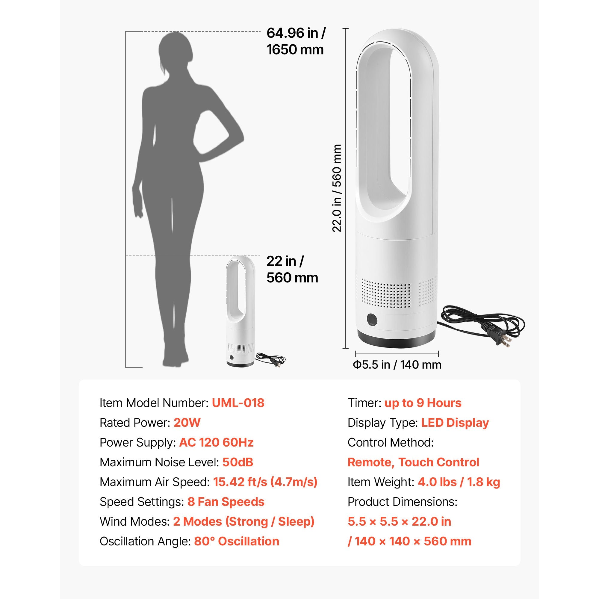 Bladeless Tower Fan, 80° Oscillating Standing Fan with Remote by HouseOfZazla