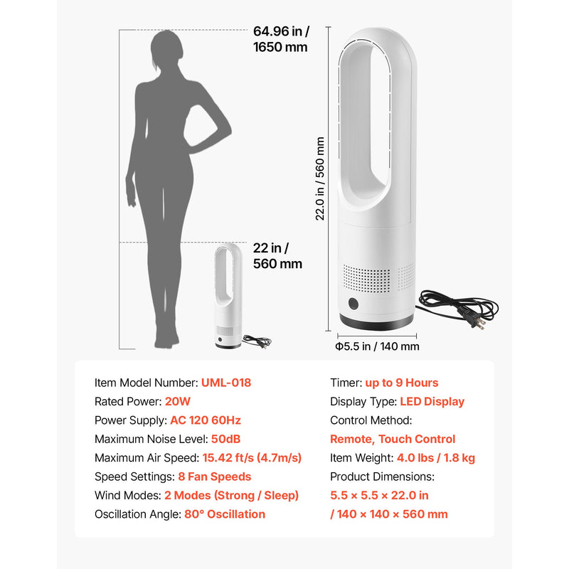 Bladeless Tower Fan, 80° Oscillating Standing Fan with Remote by HouseOfZazla