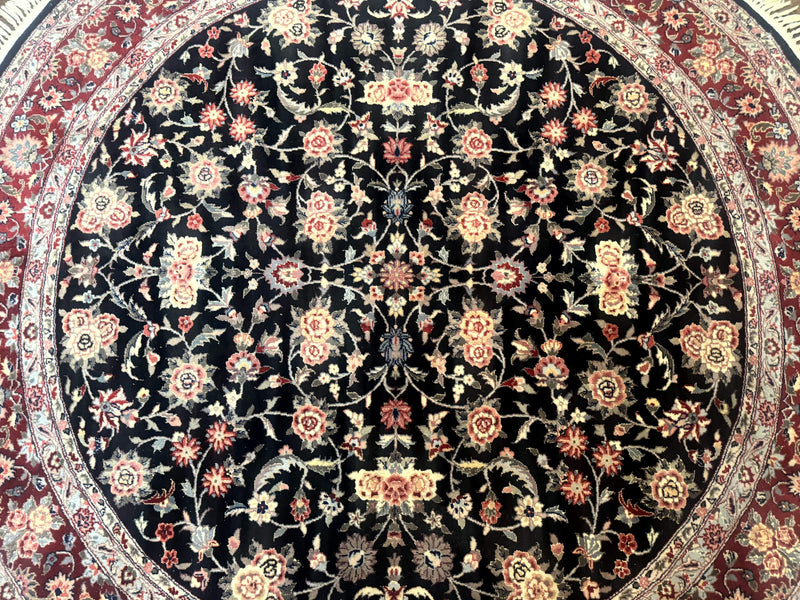 Round Sino Persian Rug 6x6, Floral, Navy Blue and Red, Wool and Silk Highlights by Jewel Rugs