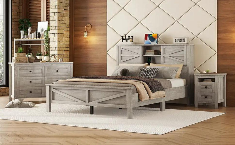 3-Pieces Bedroom Set Queen Size Farmhouse Platform Bed with Storage Headboard and Charging Station by HouseOfZazla