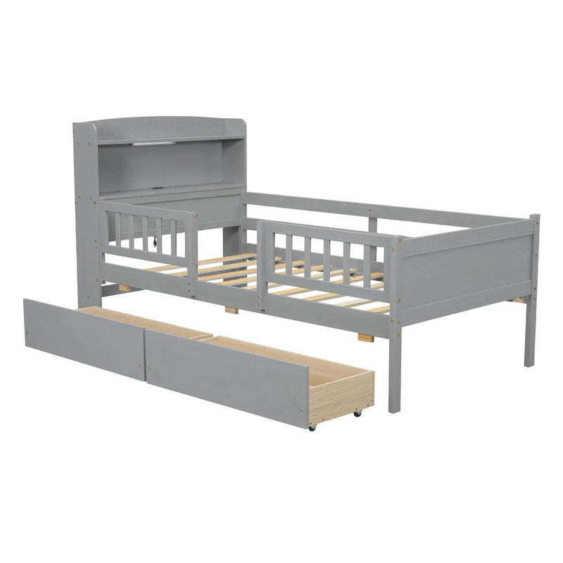 Platform Bed With LED Light, Multi Functional Headboard, Guardrail And 2 Drawers by Unique Piece Furniture