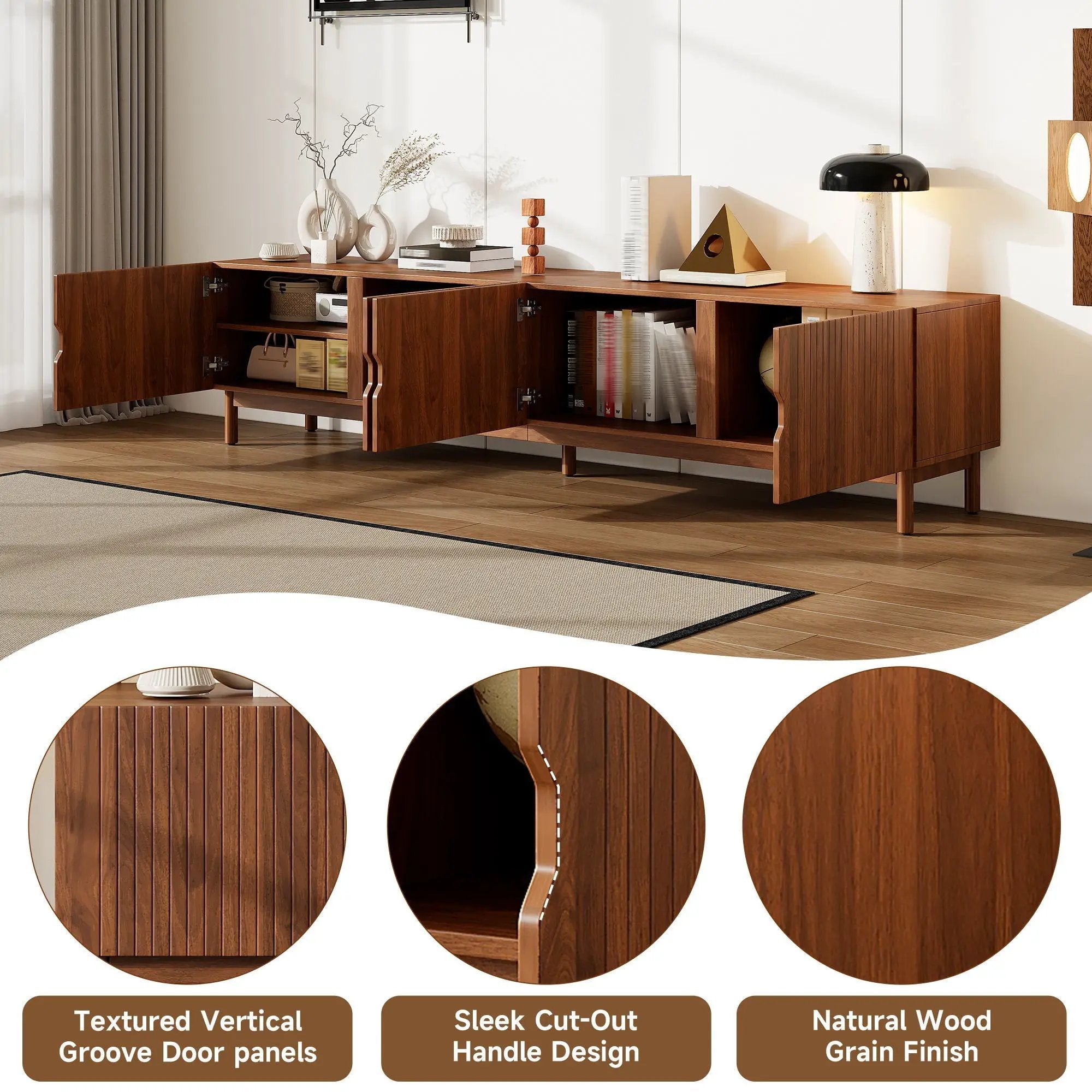 TV Stand With Legs, Media Console, 4 Cabinets For Living Room - Natural Wood by HouseOfZazla