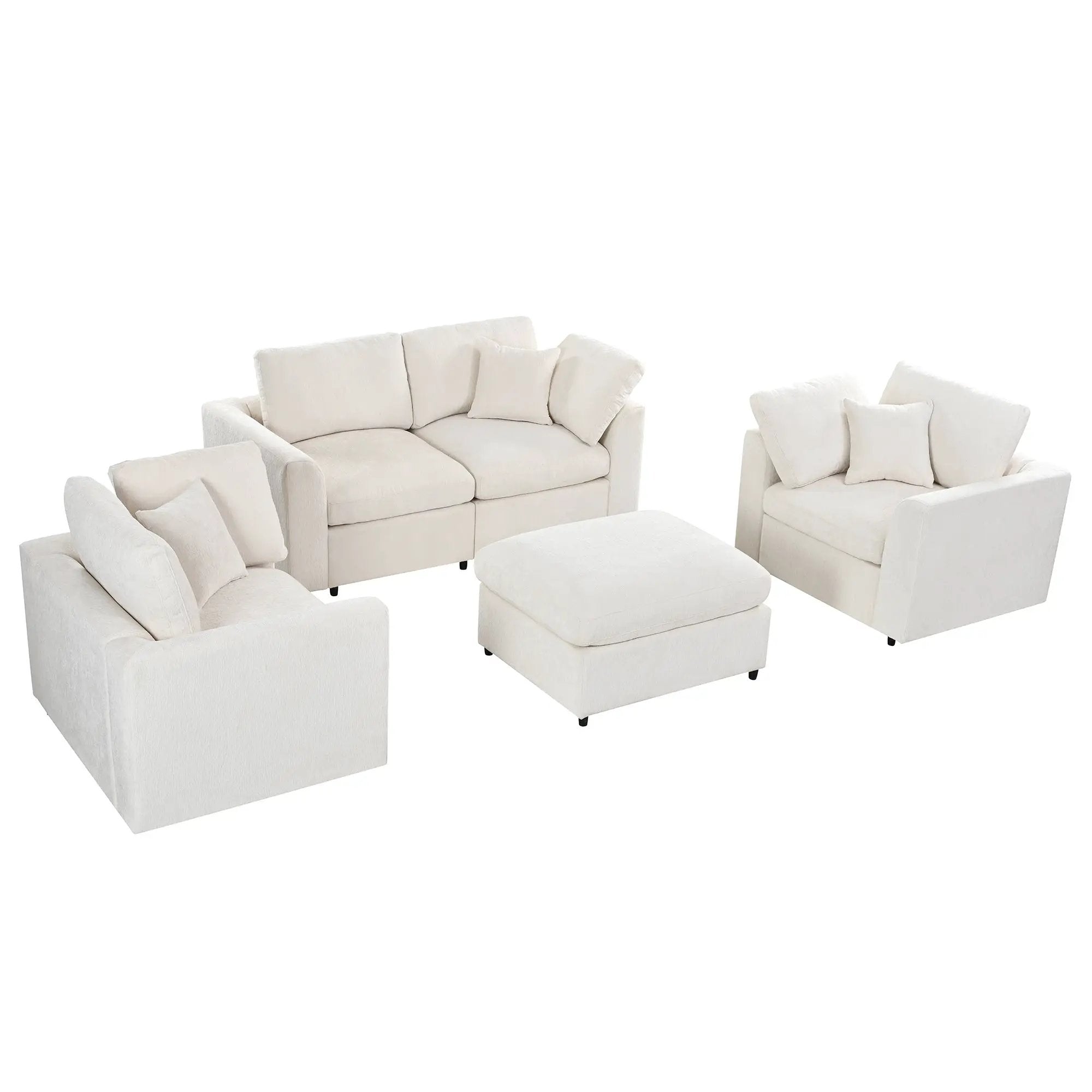 U-Style 4-Piece Sofa Set, 2 Accent Chairs + Loveseat + Movable Ottoman by HouseOfZazla